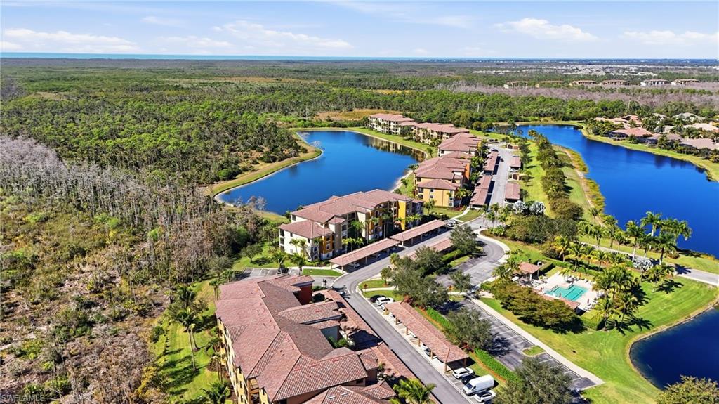 Aerial perspective of suburban area with a large body of water and a forest