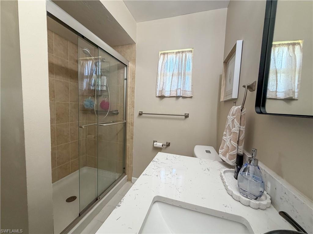 Full bathroom featuring vanity and a stall shower