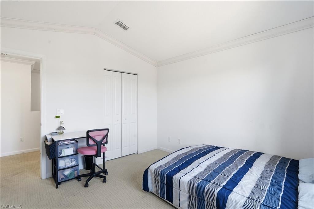 Carpeted bedroom with lofted ceiling, ornamental molding, and a closet