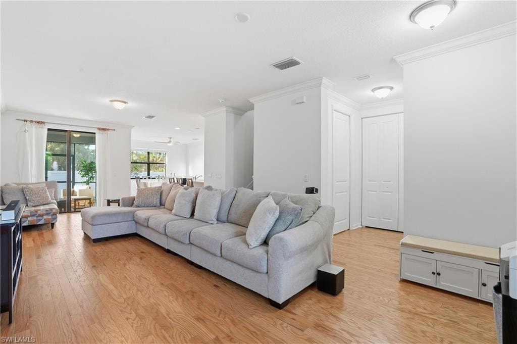 Living room featuring crown molding and light wood-type flooring