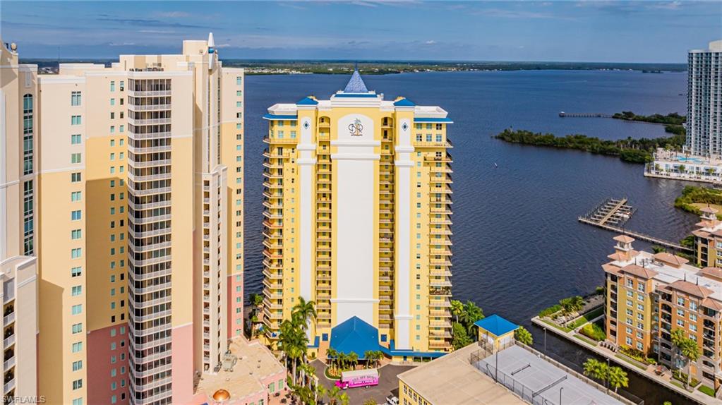 View of urban area with a large body of water