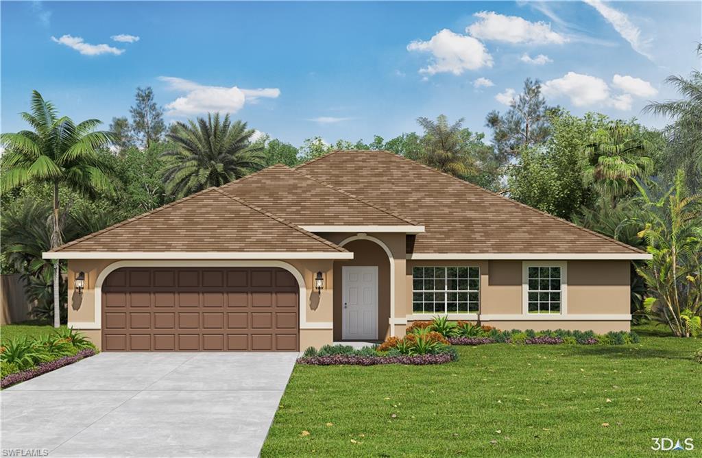 View of front of home with a front yard, stucco siding, concrete driveway, and an attached garage