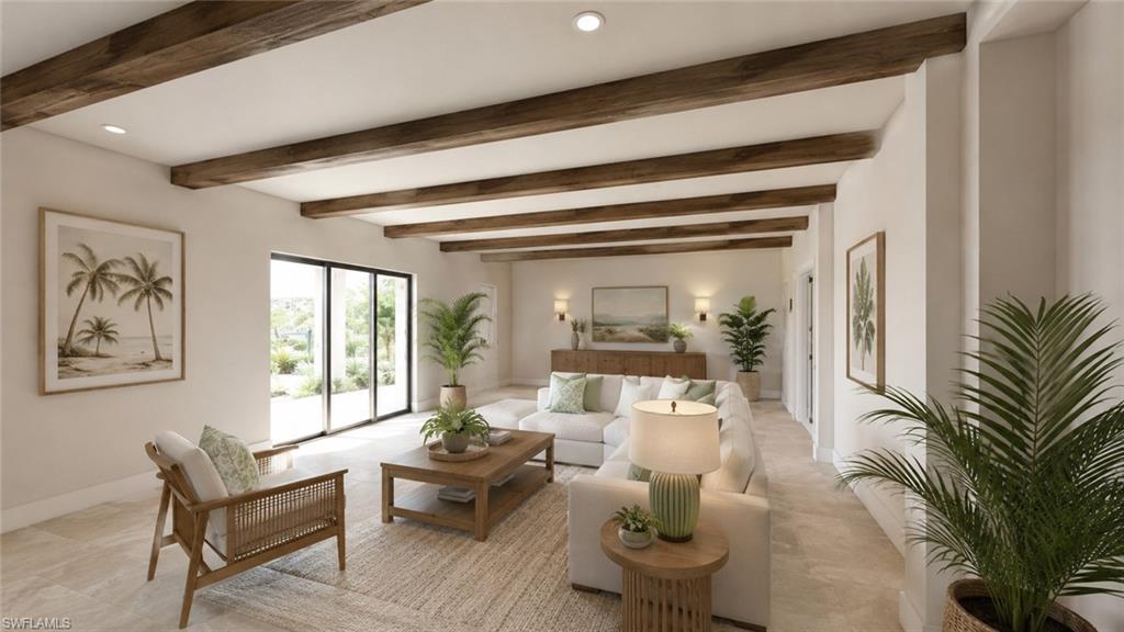 Vaulted ceiling with exposed wood beams, recessed lighting, and large sliding glass doors