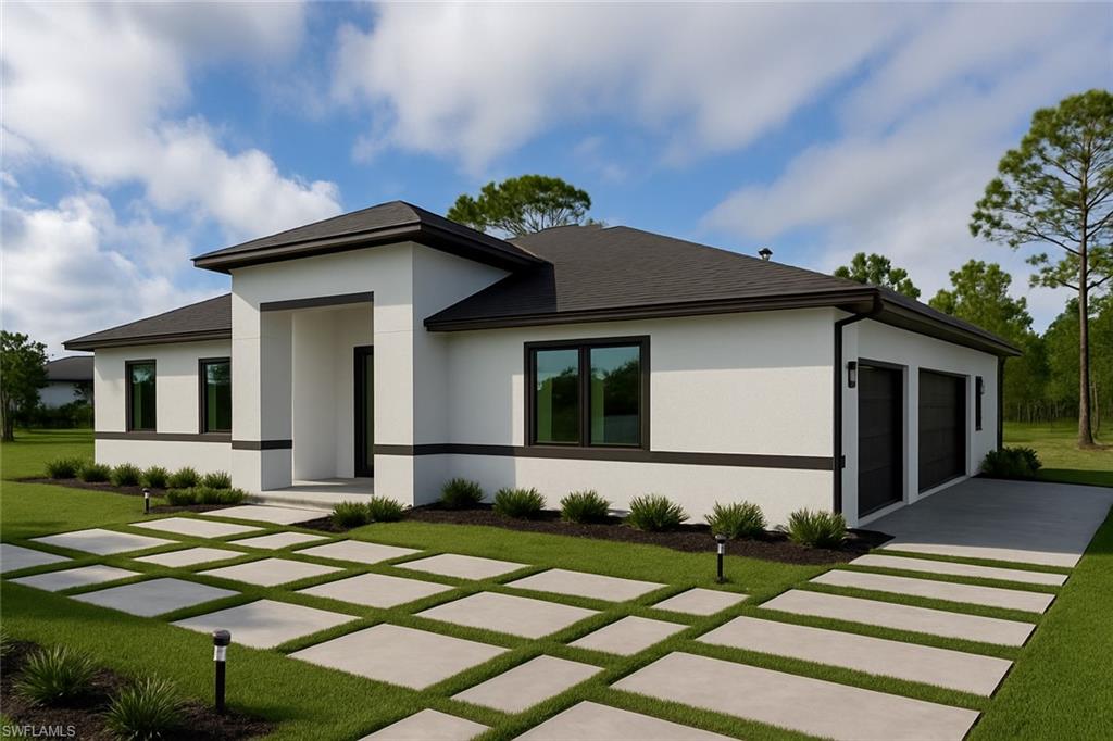 Contemporary home with roof with shingles, stucco siding, and a front yard