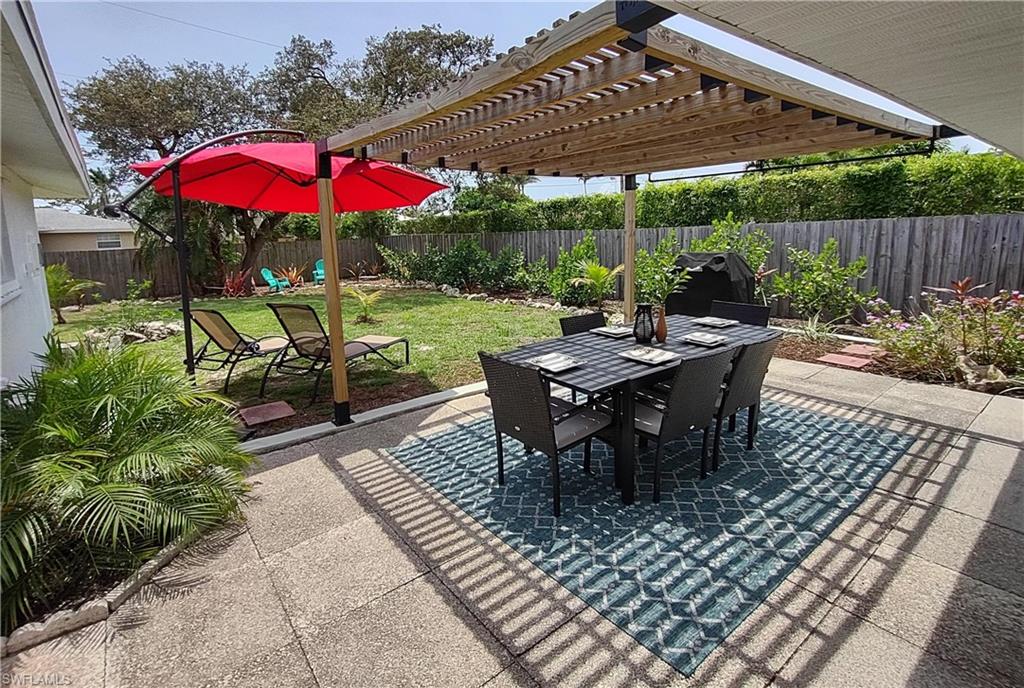 Fenced backyard featuring a patio, a pergola, and outdoor dining space