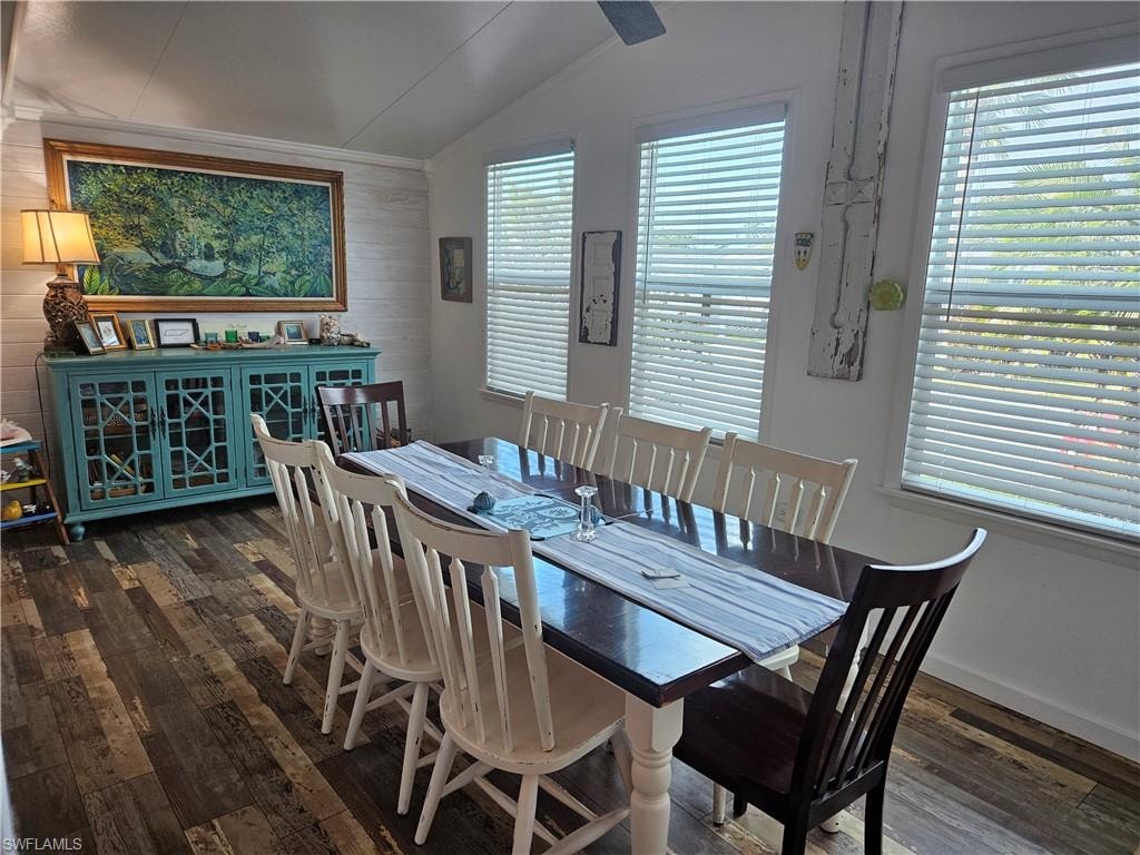Dining area featuring lofted ceiling, plenty of natural light, and hardwood / wood-style floors