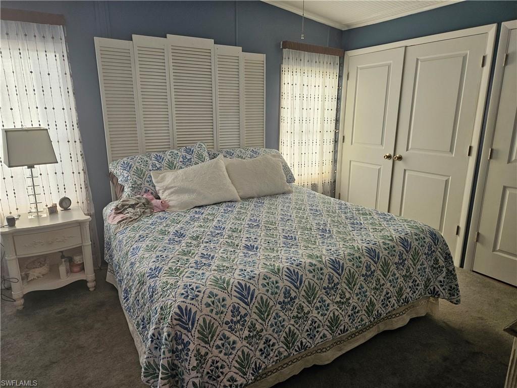 Carpeted bedroom with a closet