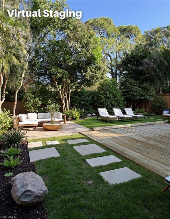 Virtual Staging outdoor seating, a patio area, and a wooden deck