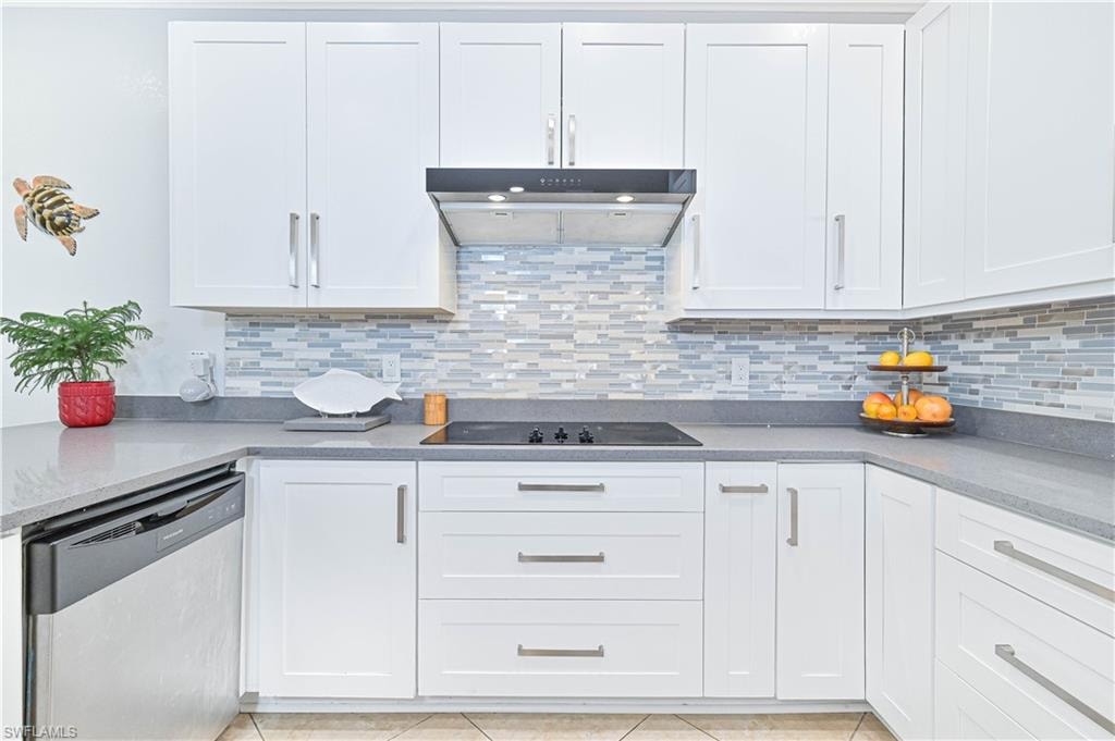Kitchen with white cabinets, stainless steel dishwasher, dark stone counters, tasteful backsplash, and black electric stovetop