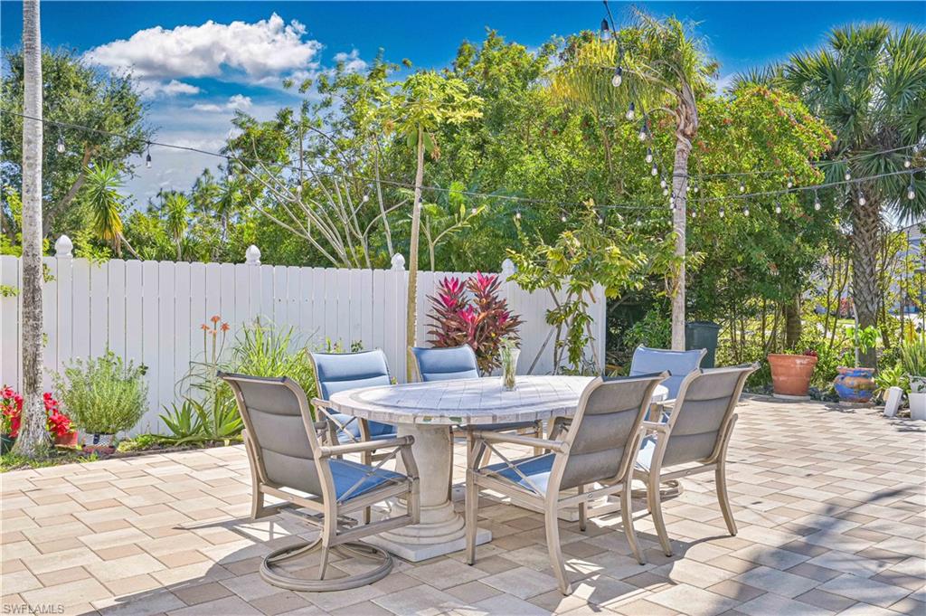 Fenced backyard with a patio area and outdoor dining space