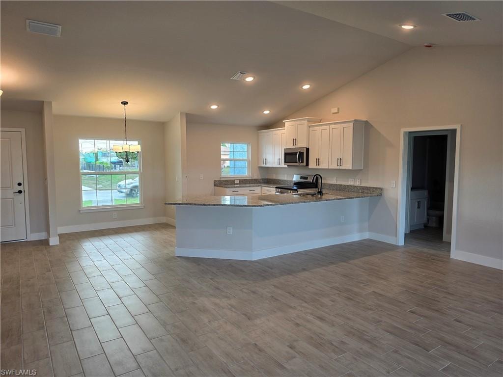 Open-concept living area featuring wood-finish tile flooring, vaulted ceilings with recessed lighting, and a kitchen with white cabinetry, stainless steel appliances, and a granite-style countertop