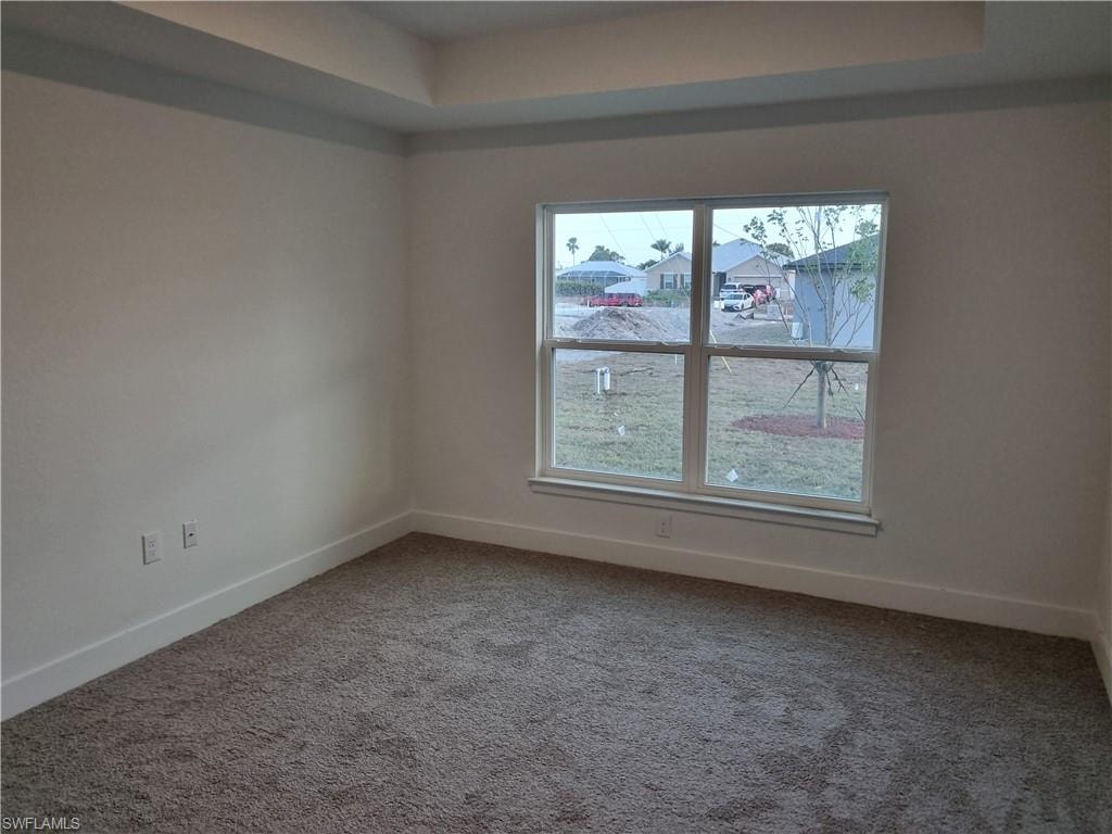 Carpeted spare room featuring a tray ceiling and a residential view