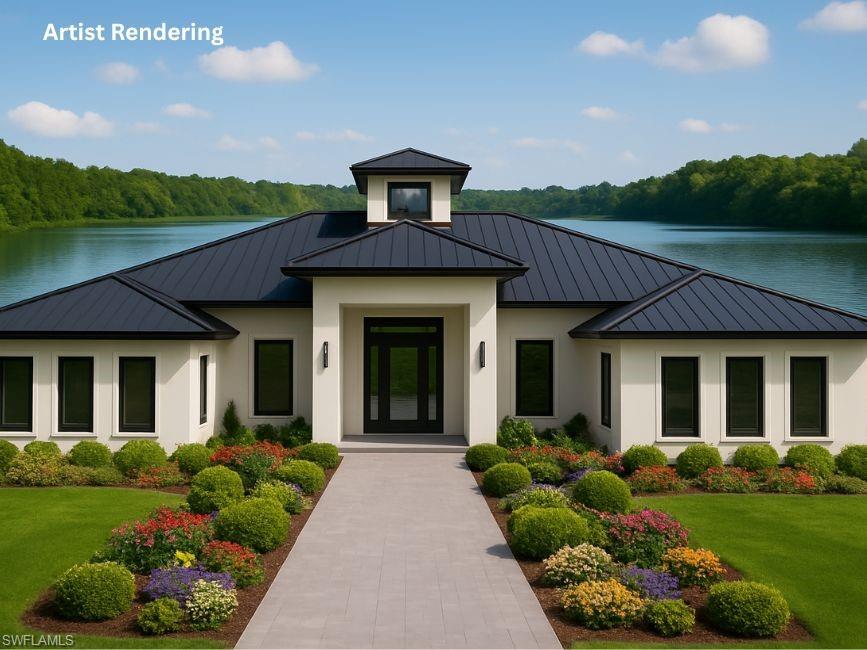 Artist rendering of builder's model home on lake front lot.