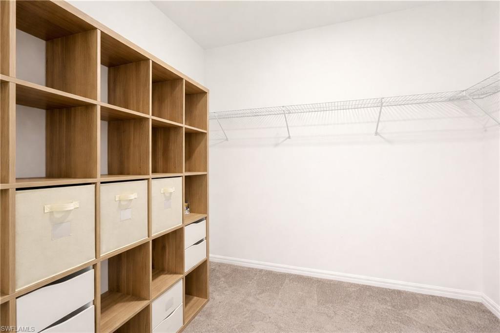 Walk in closet featuring light colored carpet