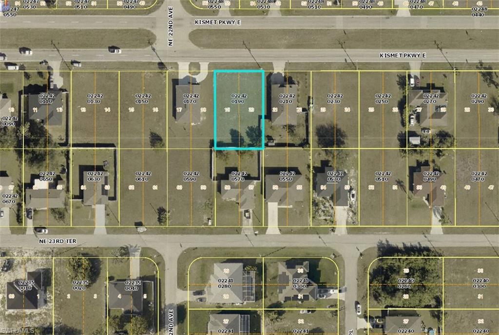 Aerial view of property's location with property parcel outlined
