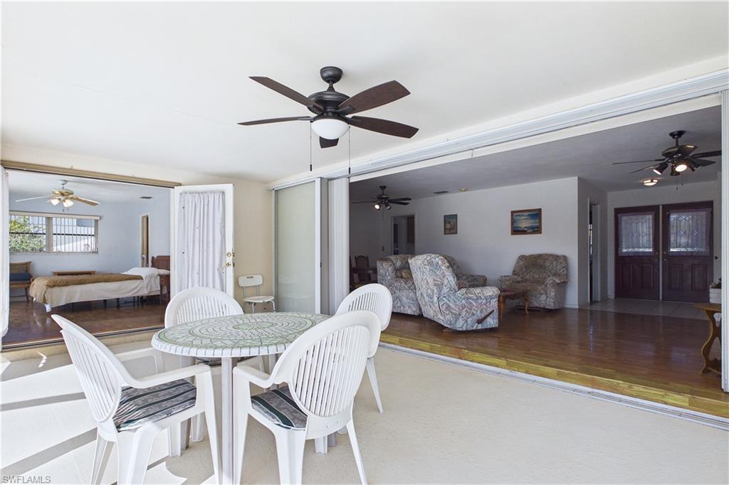 Dining space with a ceiling fan