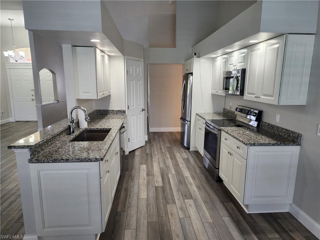 Kitchen featuring medium stone countertops, stainless steel appliances, and vinyl wood-style flooring