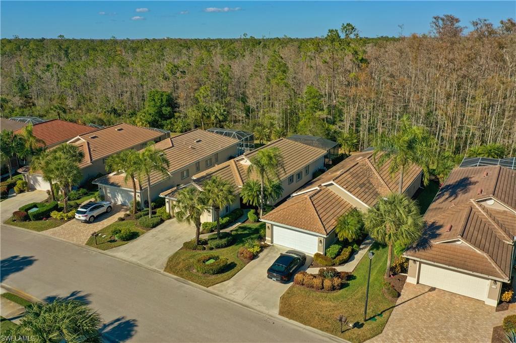 Aerial perspective of suburban area featuring a heavily wooded area