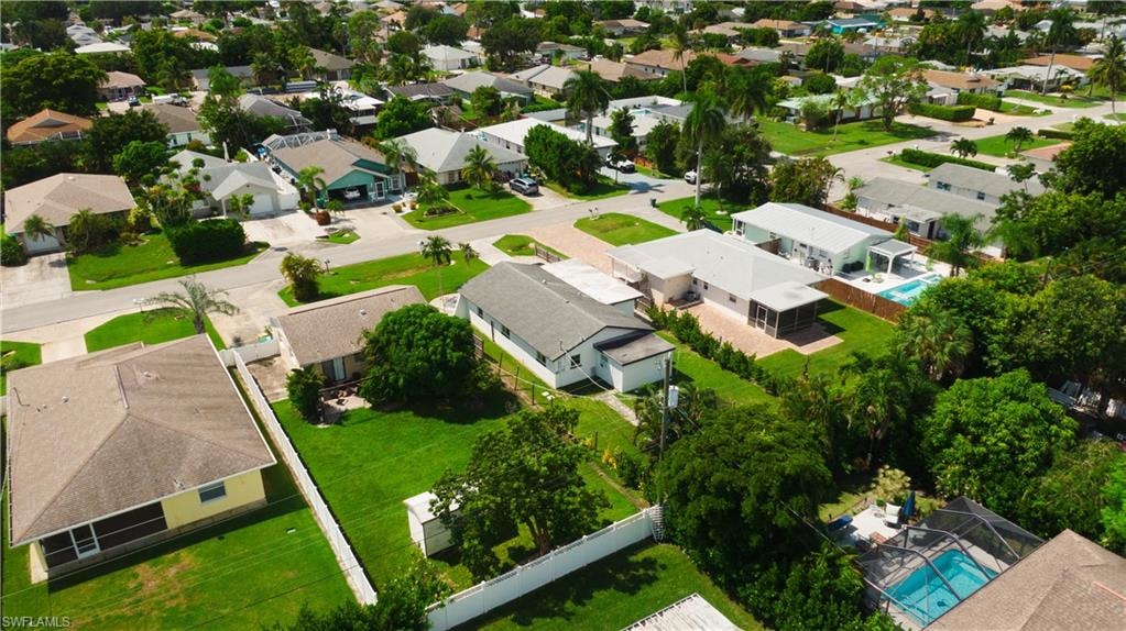 Aerial view of residential area featuring a pool area