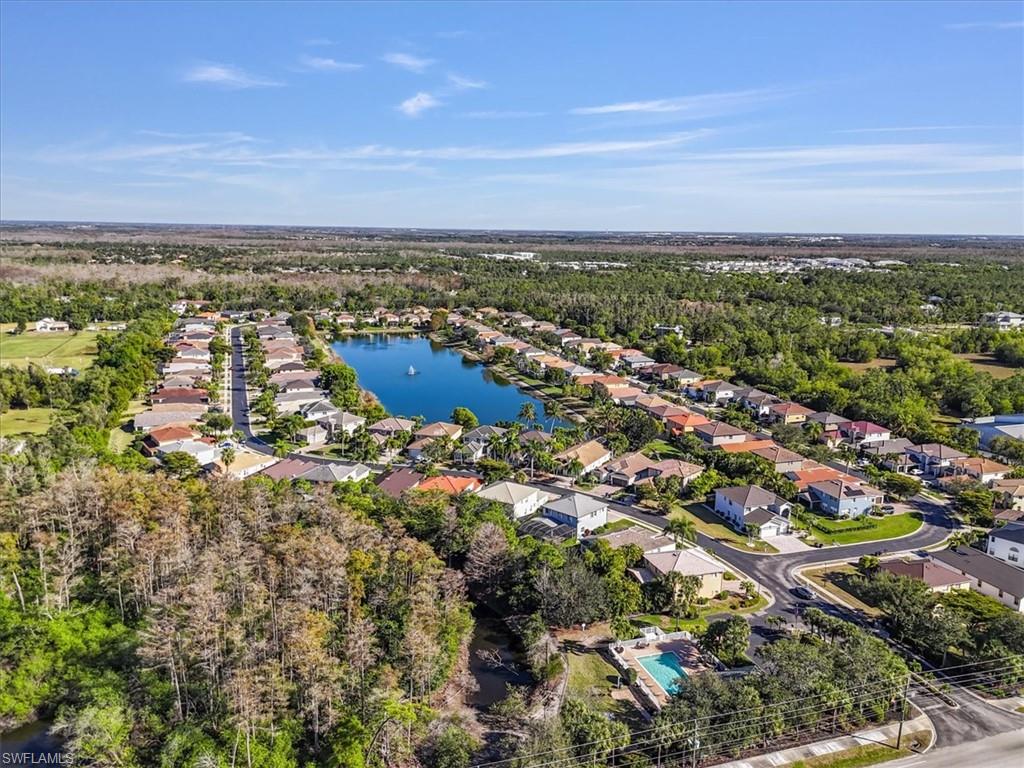 Aerial perspective of suburban area featuring a large body of water and a tree filled landscape