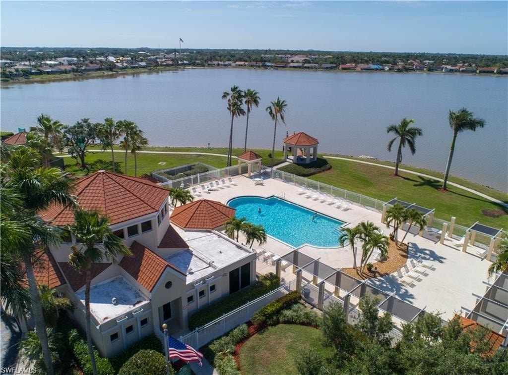aerial view of clubhouse and pool