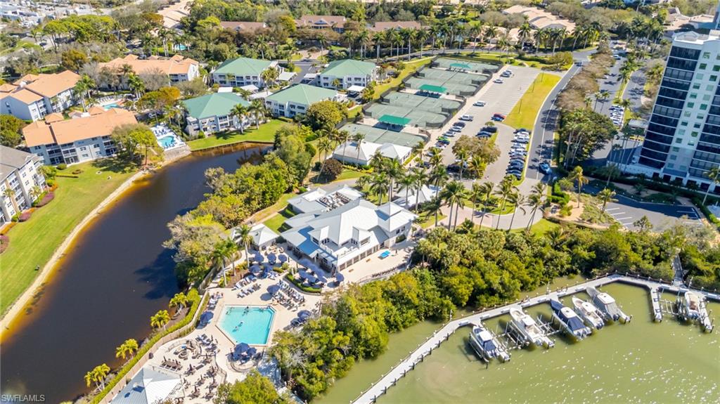 Aerial view of Tarpon Cove Yacht & Racquet Club along with the Wiggins Bay Docks