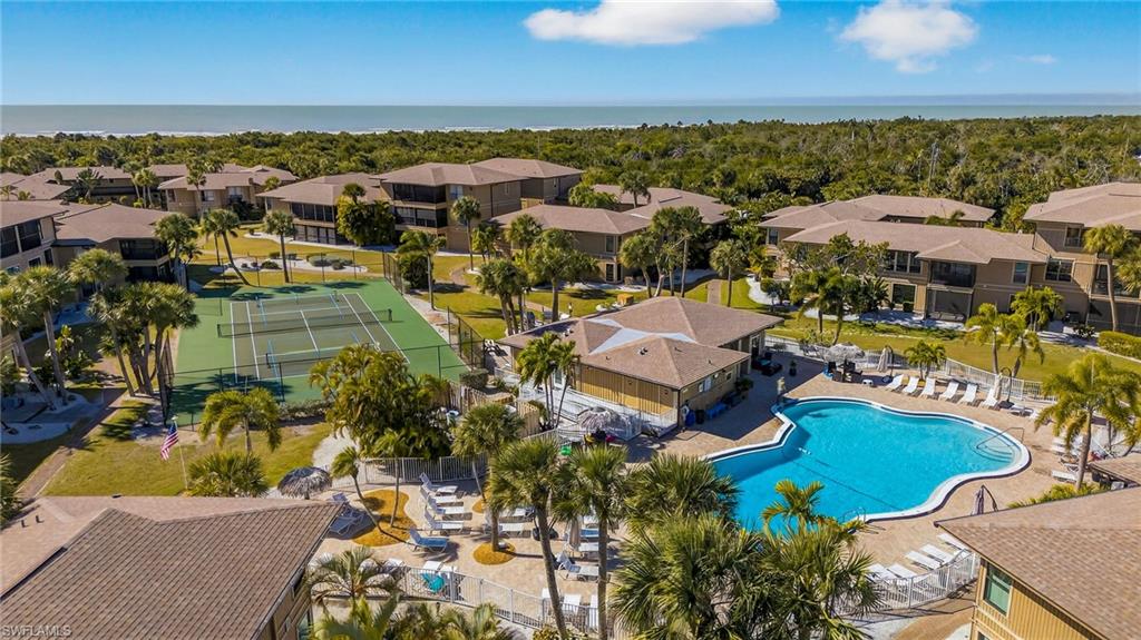 Aerial view of residential area with a pool