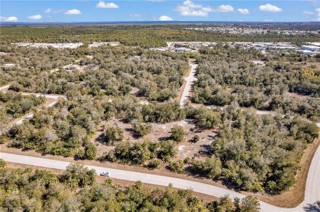Aerial overview of property's location with a heavily wooded area