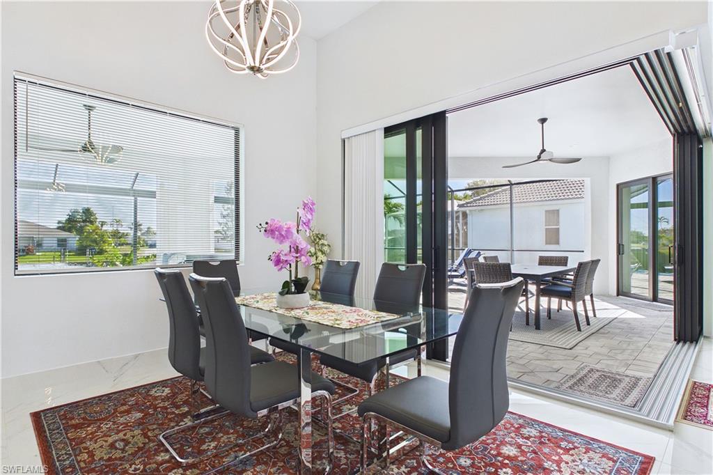Dining room with hanging lights
