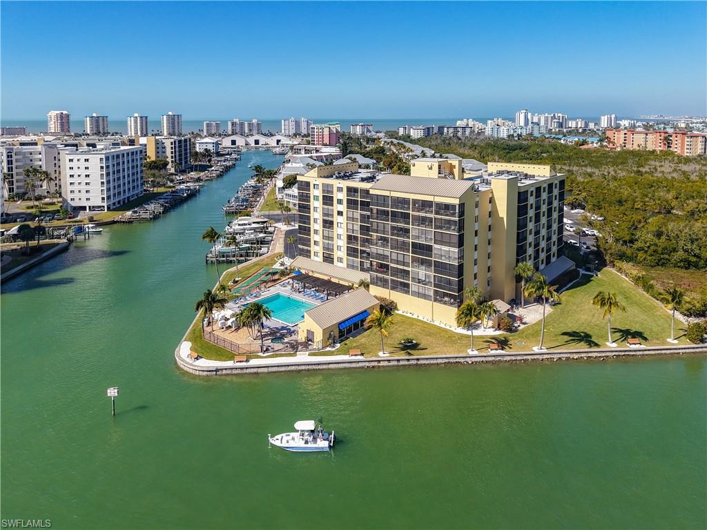 Bird's eye view of a large body of water and skyline
