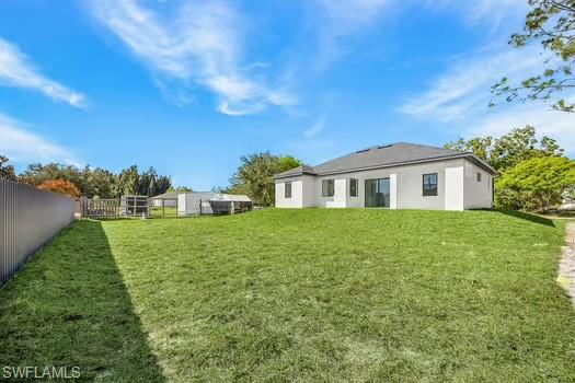 Rear view of property with a fenced backyard and stucco siding