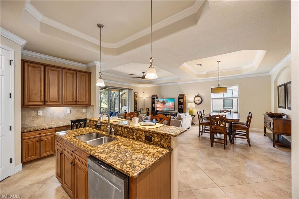 Kitchen featuring dishwasher, a raised ceiling, a sink, and a healthy amount of sunlight