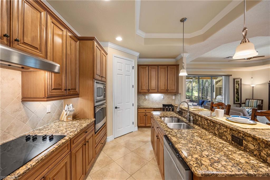 Kitchen featuring stainless steel appliances, a raised ceiling, under cabinet range hood, a sink, and brown cabinetry