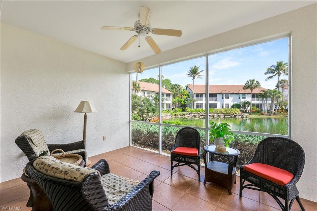 Extended porch has wonderful views of lake, waterfall, and fountain.