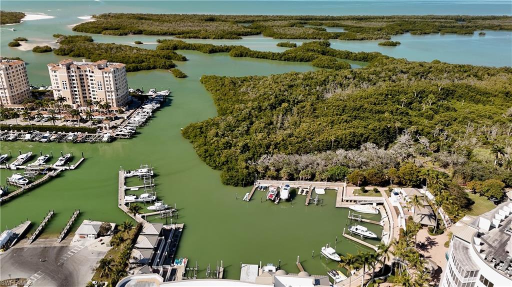 Aerial view of a nearby body of water and numerous boat docks