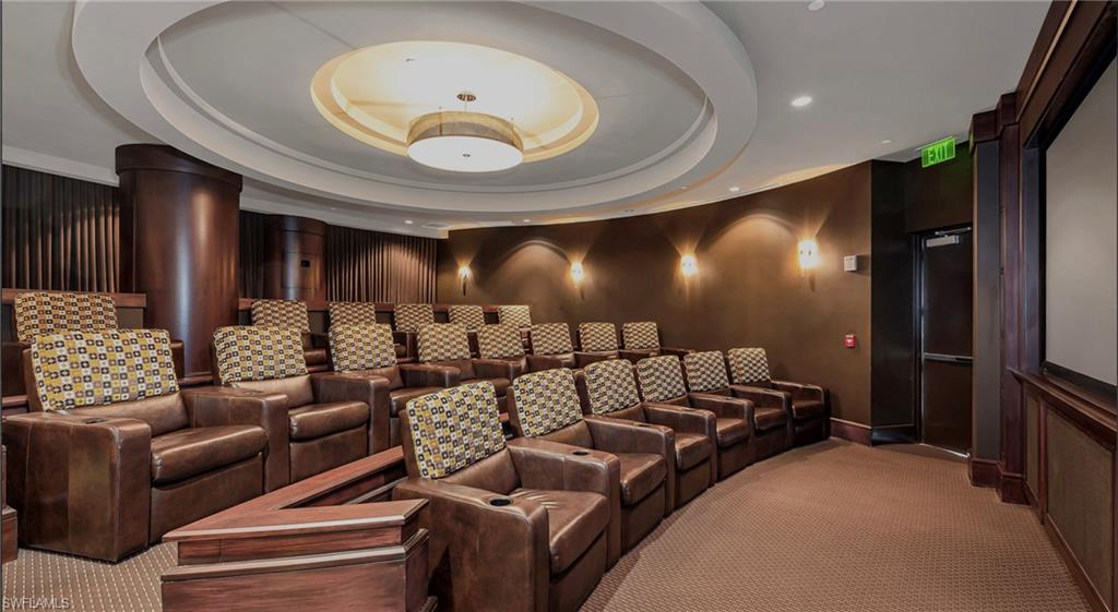 Home theater room with carpet flooring, a raised ceiling, and recessed lighting