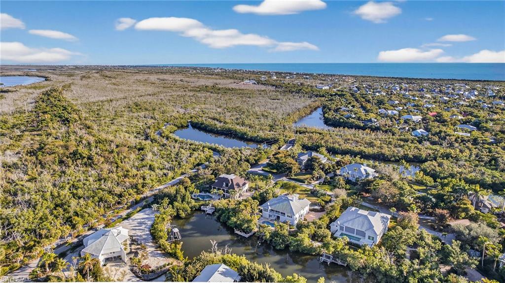 Aerial perspective of suburban area featuring a nearby body of water and a heavily wooded area