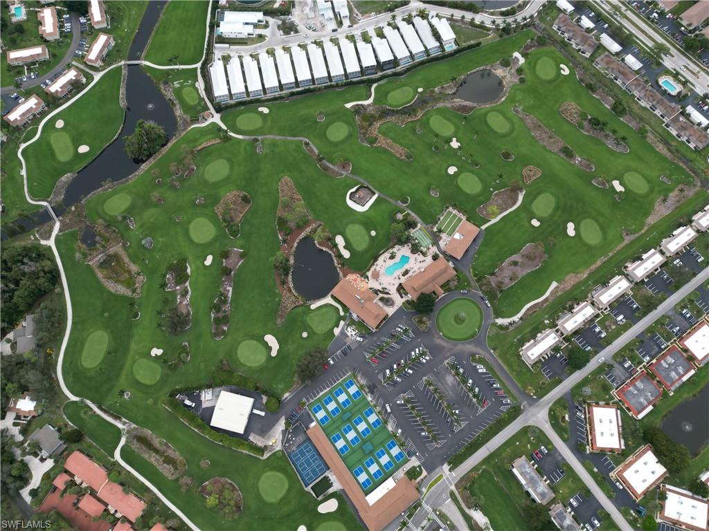 Aerial view of golf course, pickleball courts & tennis courts