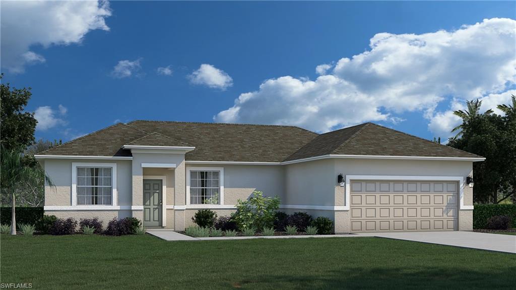 Ranch-style house with stucco siding, a front yard, a garage, and concrete driveway
