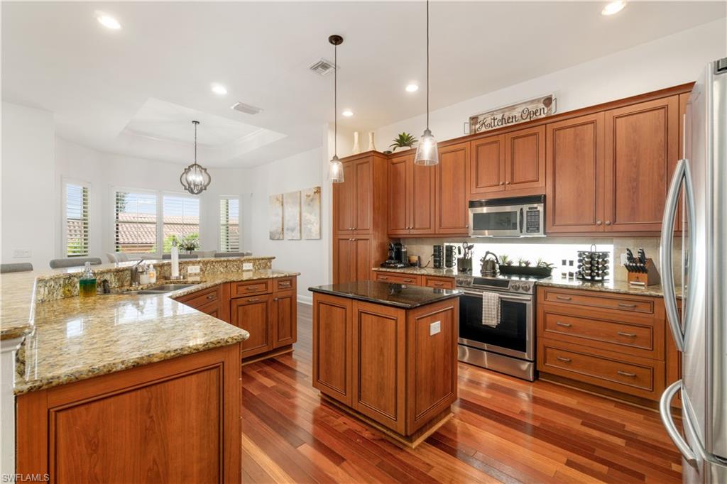 Kitchen featuring wood finish cabinetry, dark stone counters, stainless steel appliances, a raised ceiling, and dark wood-style floors