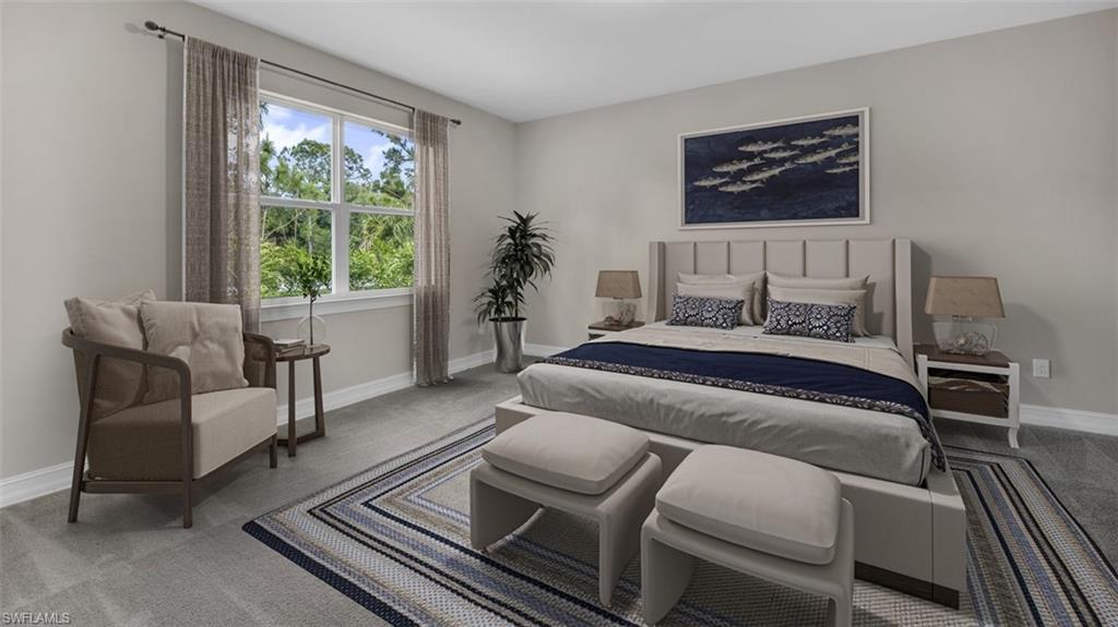 This image is virtually staged. Carpeted bedroom featuring baseboards