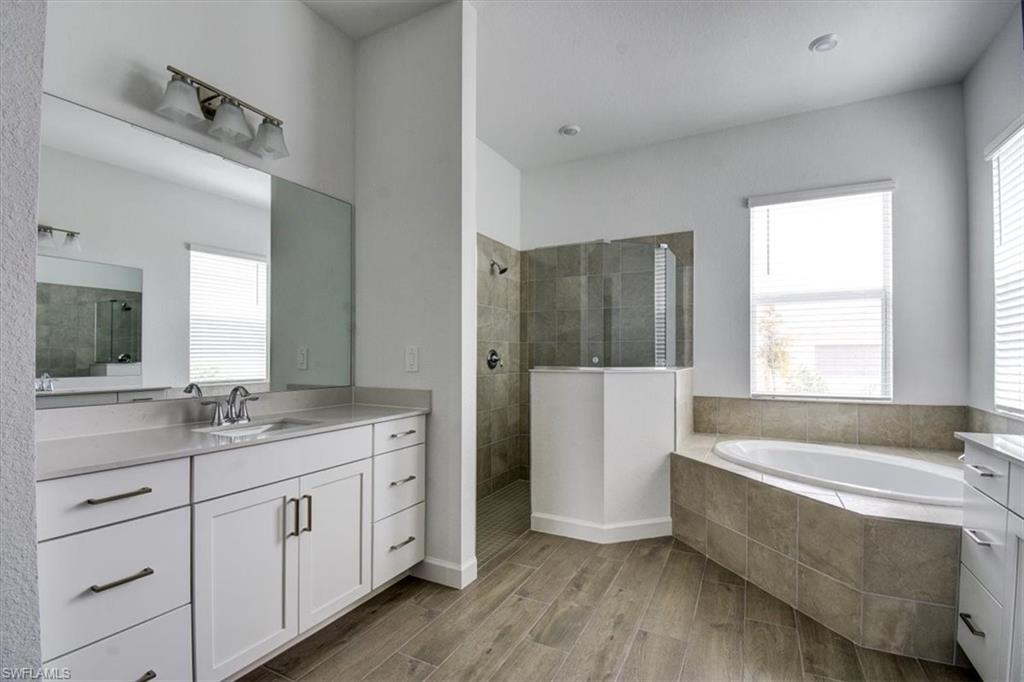 Full bath featuring vanity, a bath, a walk in shower, wood tiled floors, and plenty of natural light