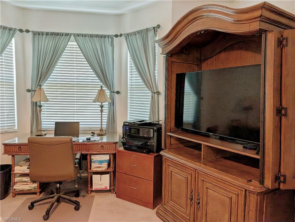 Home office with carpet flooring and a healthy amount of sunlight