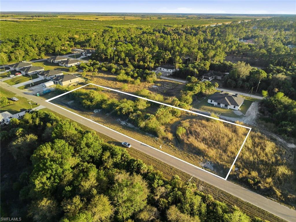 Aerial view of residential area featuring property boundaries highlighted and a forest