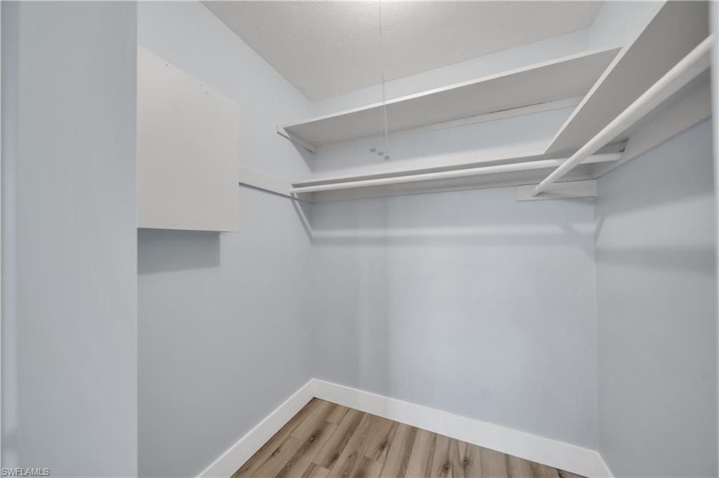 Walk in closet with light wood-style flooring