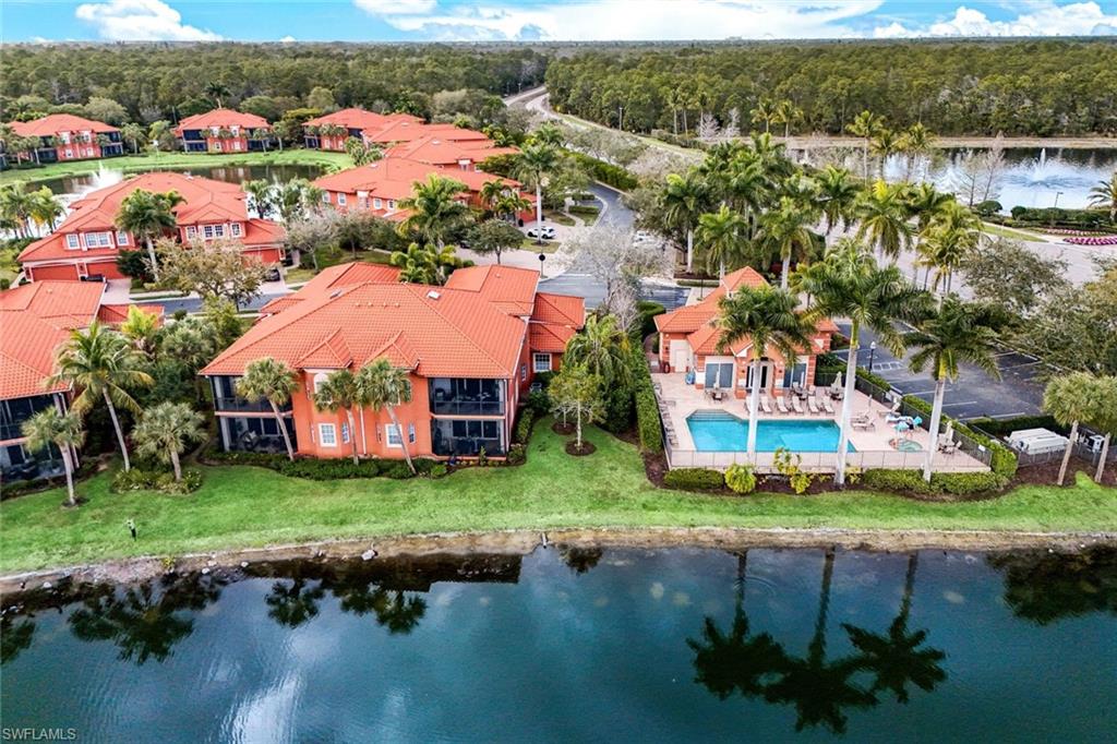 Bird's eye view of a large body of water and the community pool