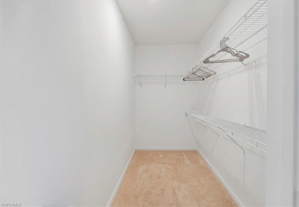 Walk in closet with light colored carpet