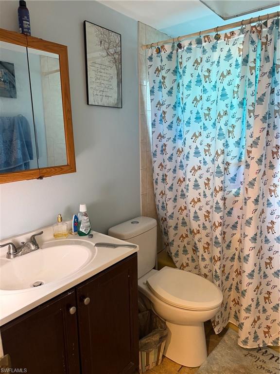 Full bath with vanity and curtained shower
