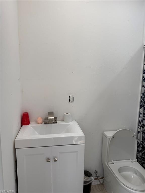 Full bathroom with vanity and a shower with shower curtain