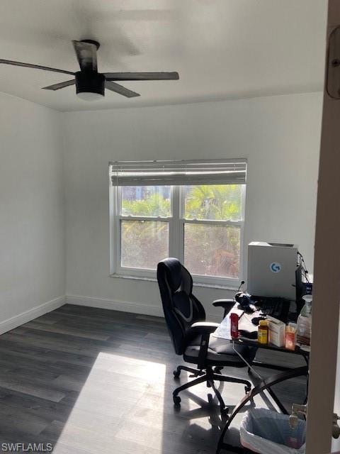 Home office featuring plenty of natural light, dark wood-type flooring, and a ceiling fan
